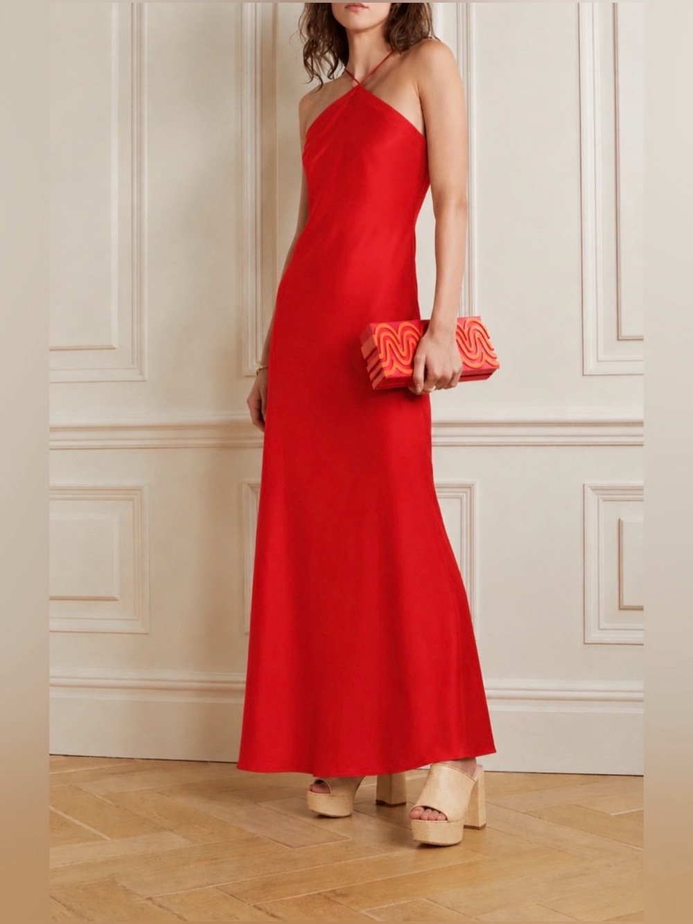 STAUD Cubism Red Rose Satin Halter Maxi Dress Size L NWT